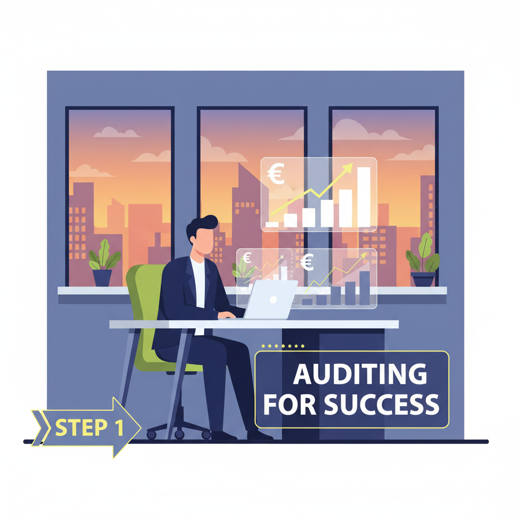 exporter auditing financial charts with EUR symbols, bold professional office, motivational vibe