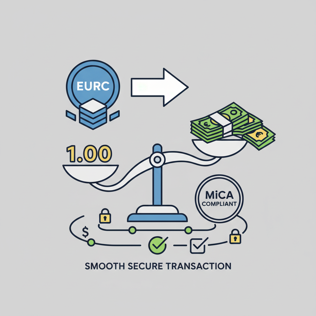 EURC to fiat conversion arrow at 1:1 peg, $1.00 equality scale balancing, euro banknotes flowing out, MiCA compliance stamp, smooth secure transaction visuals, powerful graphic