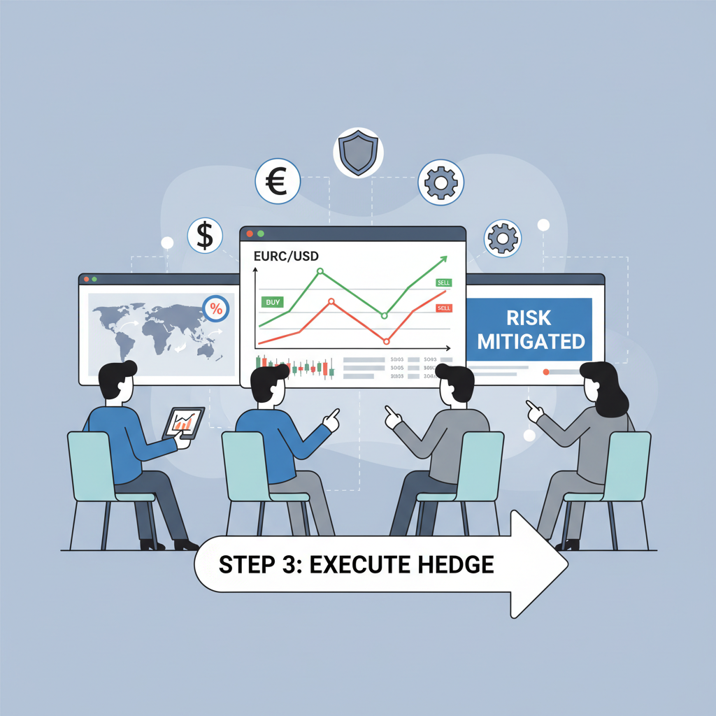 treasury team hedging FX risks on trading screens with EURC charts, high-stakes action