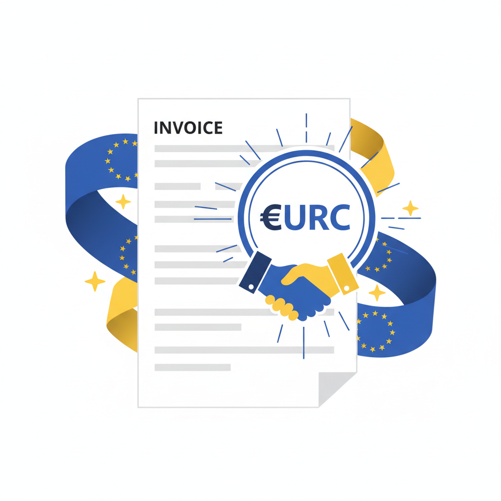 business invoice stamped with EURC, handshake deal in EU flags background, dynamic energy