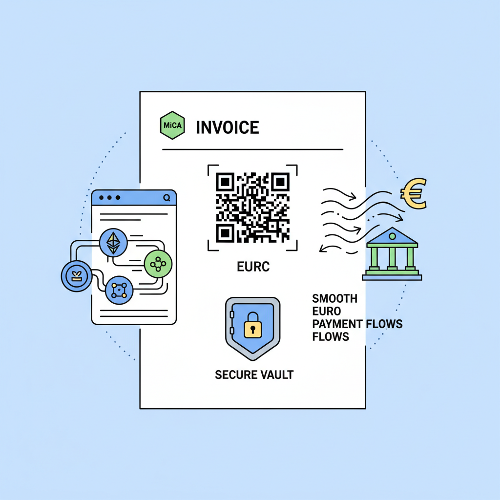 Invoice document with EURC QR code, multi-chain wallet interface showing Ethereum Solana Stellar, secure vault icon, smooth euro payment flows, MiCA shield, energetic style