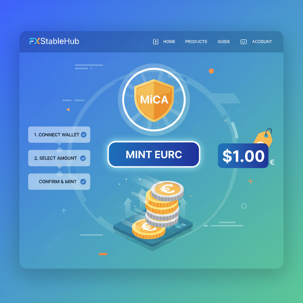 Website screenshot of FXStableHub minting EURC, $1.00 price tag prominent, MiCA icon shining, euro coins stacking digitally, fast action flows, vibrant motivational design