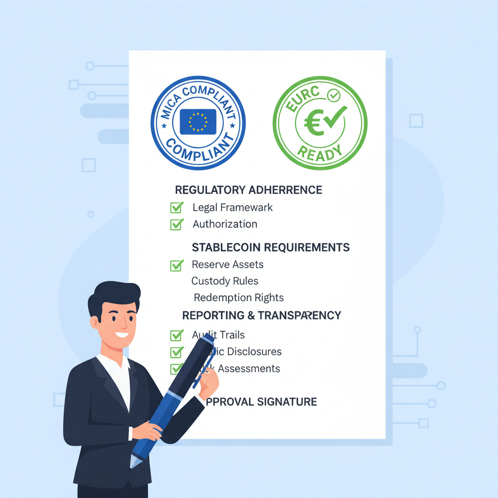 compliance checklist with MiCA and EURC stamps, confident executive signing off
