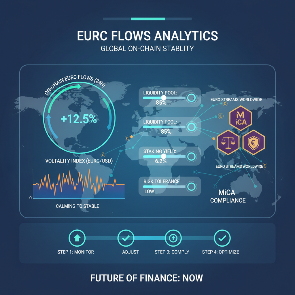 Real-time dashboard with on-chain EURC flows graphs, volatility charts calming to flatline, adjustment sliders, MiCA icons, euro streams worldwide, futuristic motivational interface