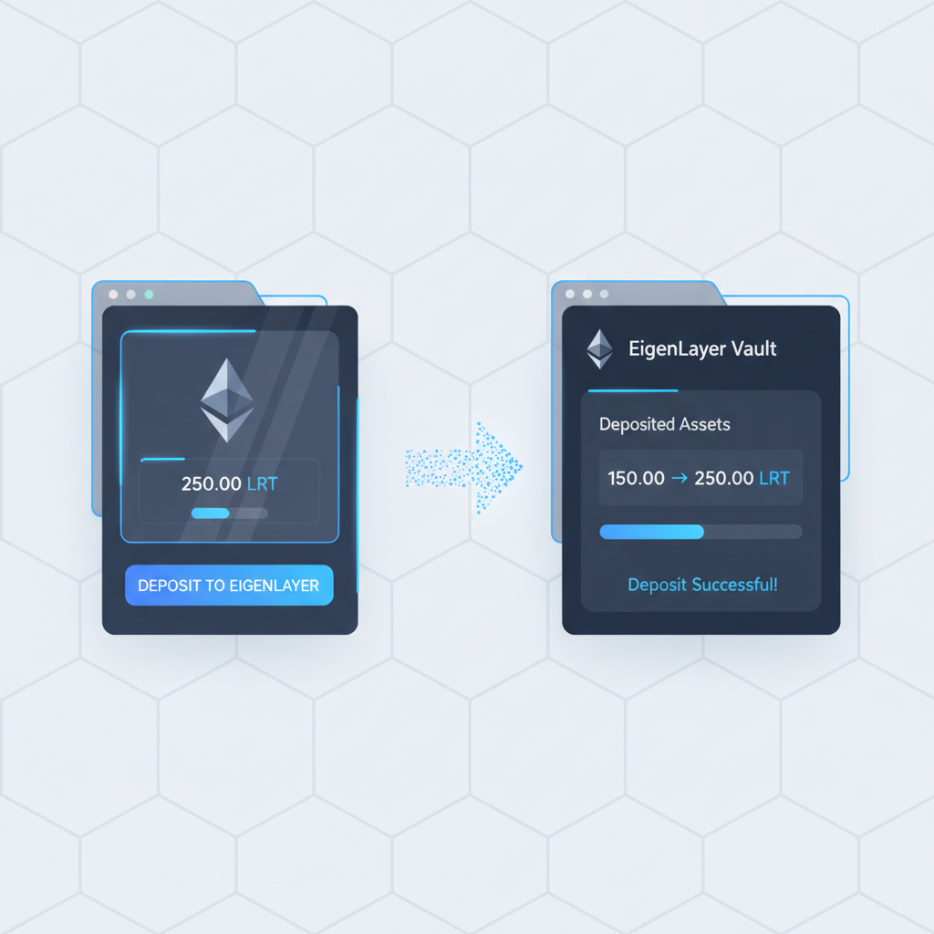 sleek Ethereum wallet interface depositing LRT tokens into EigenLayer vault dashboard, futuristic UI, blue neon accents