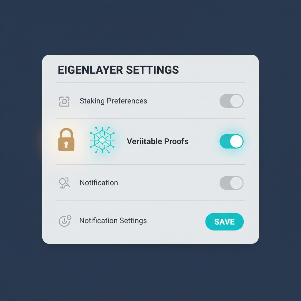 EigenLayer settings panel enabling verifiable proofs toggle, cryptographic proof icons glowing, secure lock symbols
