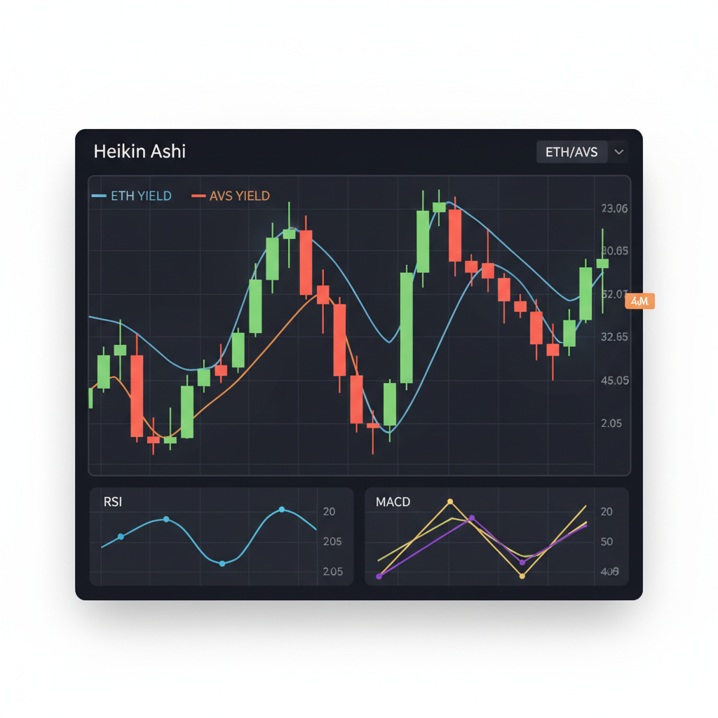 Heikin Ashi candlestick chart monitoring ETH and AVS yields, momentum indicators, green-red candles on dark terminal