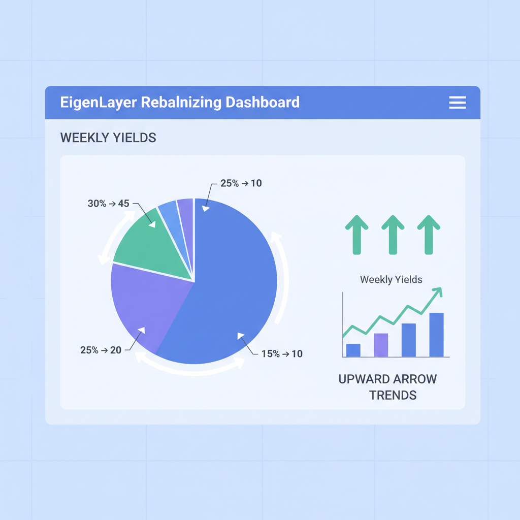 EigenLayer rebalancing dashboard weekly yields pie chart shifting allocations, upward arrow trends, professional analytics
