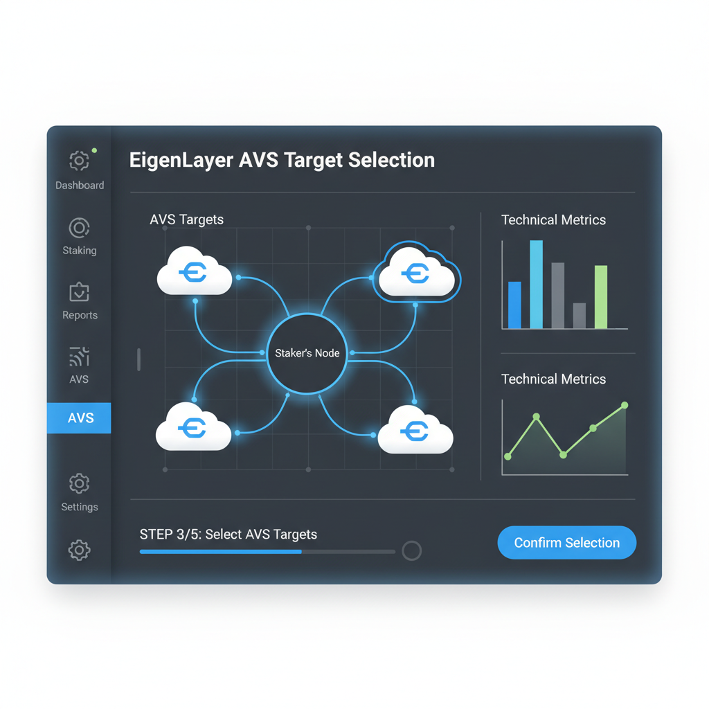 EigenLayer dashboard selecting AVS targets including EigenCloud icons, network graph visualization, technical charts