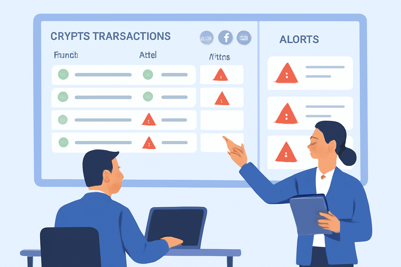 A dashboard displaying crypto transactions with some flagged in red, compliance officers reviewing alerts, digital style