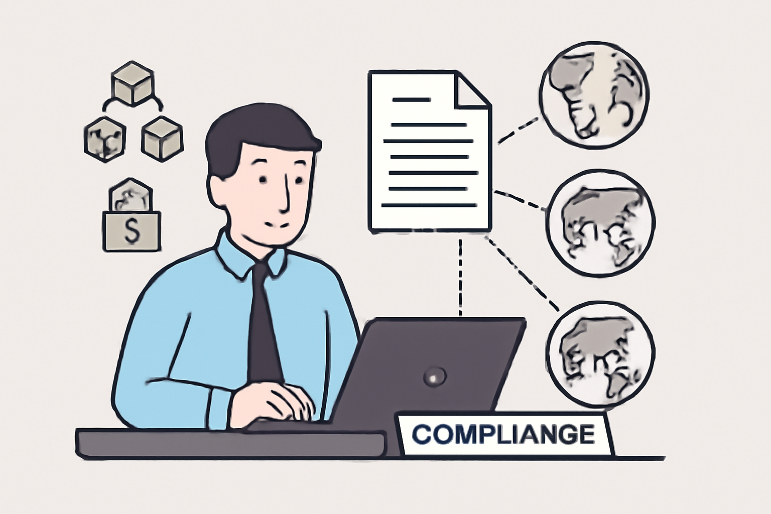 A compliance officer sending digital reports to global regulatory bodies, with blockchain and privacy icons