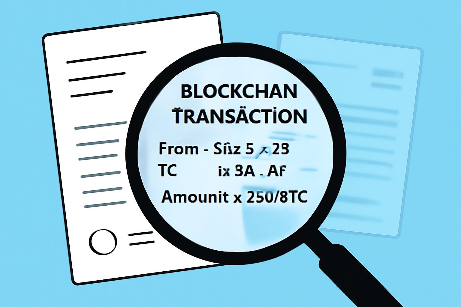 A magnifying glass revealing part of a blockchain transaction, with the rest blurred for privacy, official documents in the scene