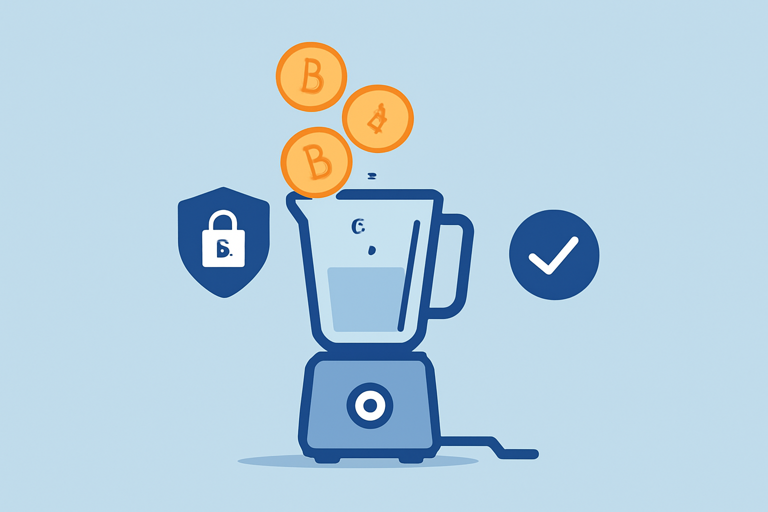 Cryptocurrency coins being poured into a digital blender, with privacy shields and compliance checkmarks around it