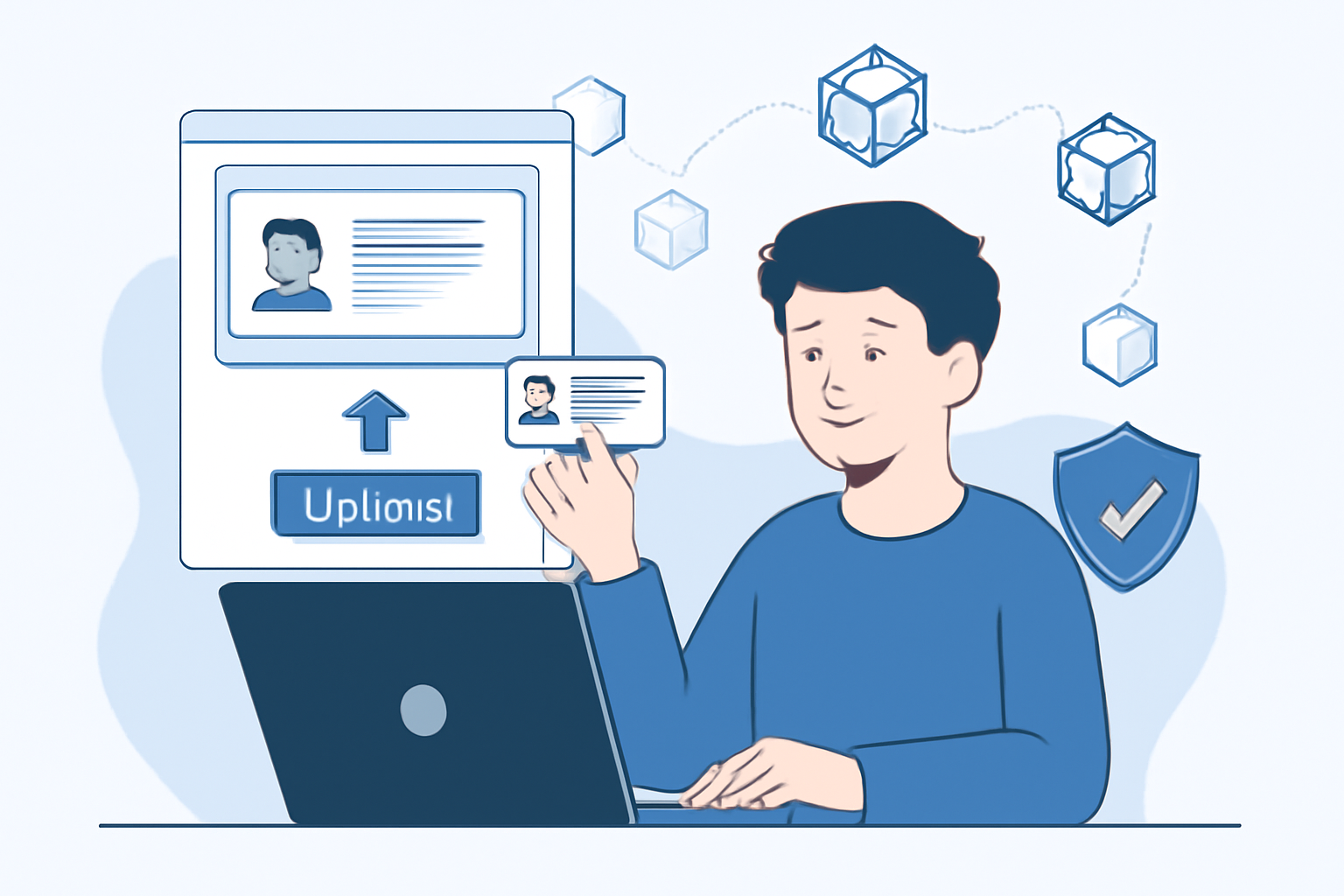 A user uploading identification documents on a secure digital platform, with blockchain icons in the background, modern style