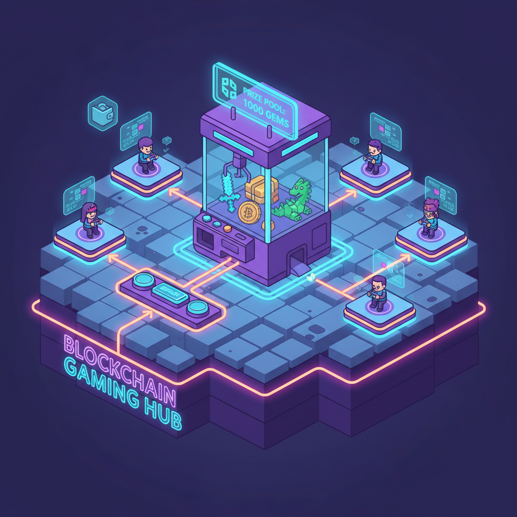 cartoon claw machine arcade on blockchain gaming hub, vibrant neon lights, isometric view
