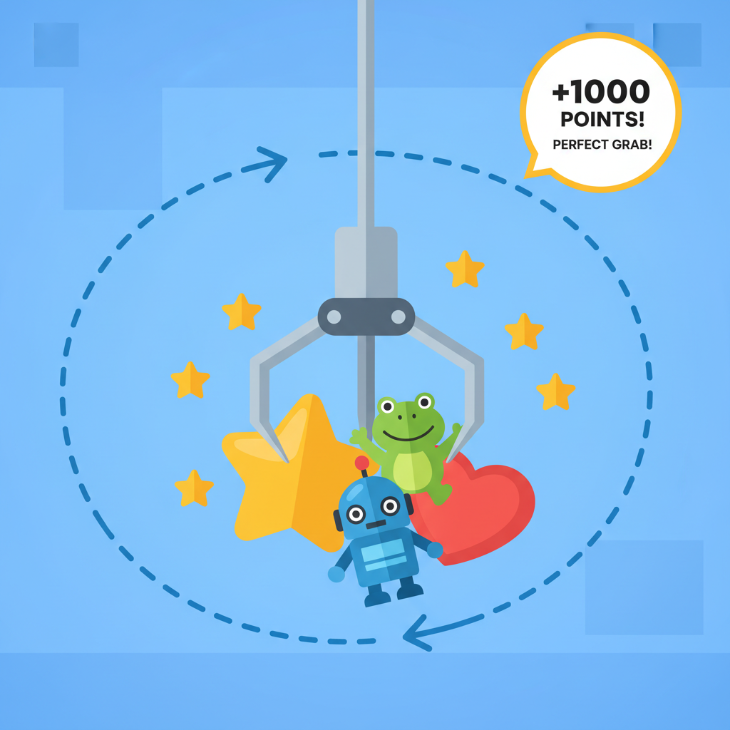 successful claw grab with multiple prizes and stars, efficient path lines, score popup