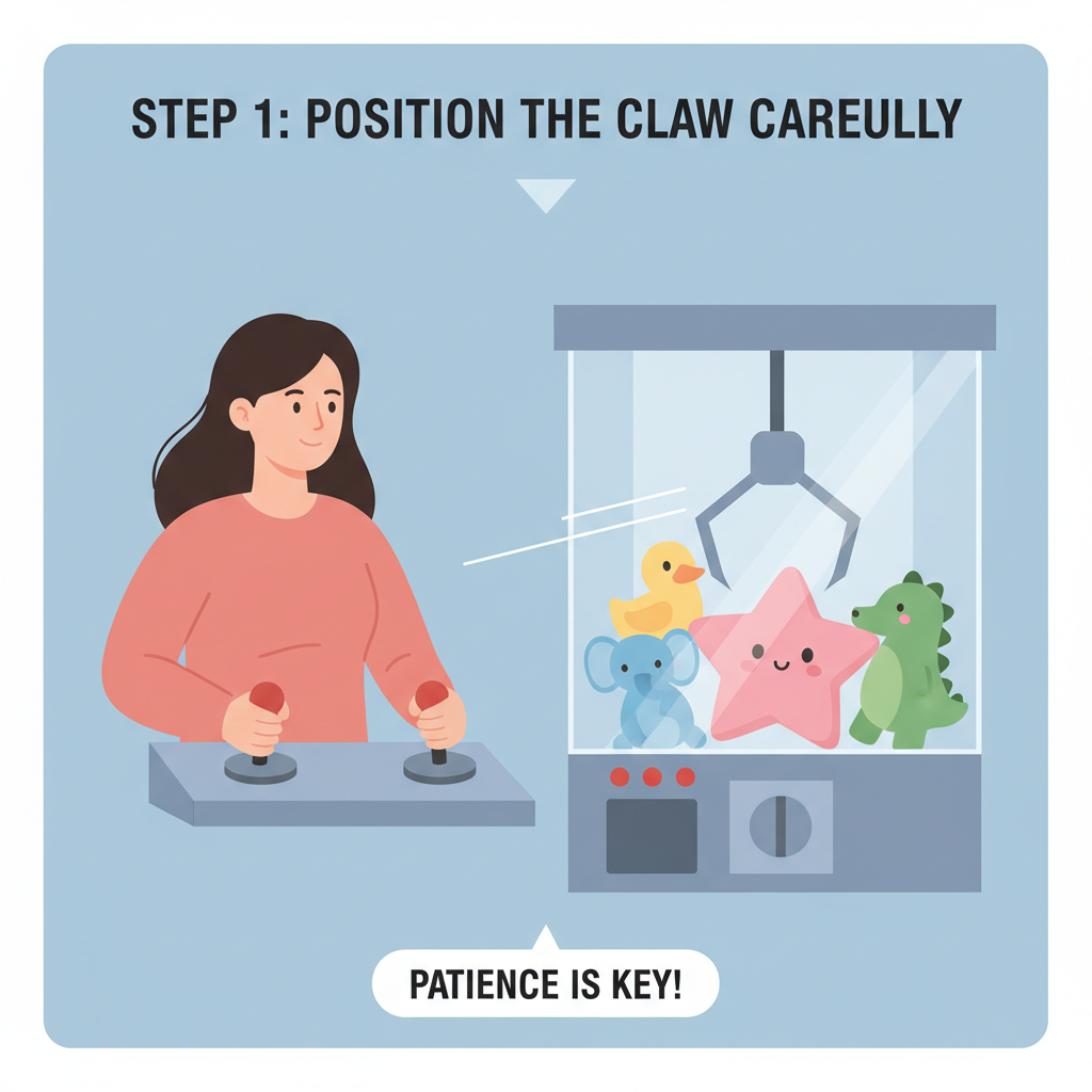 patient player operating claw machine slowly grabbing prize, calm focused expression