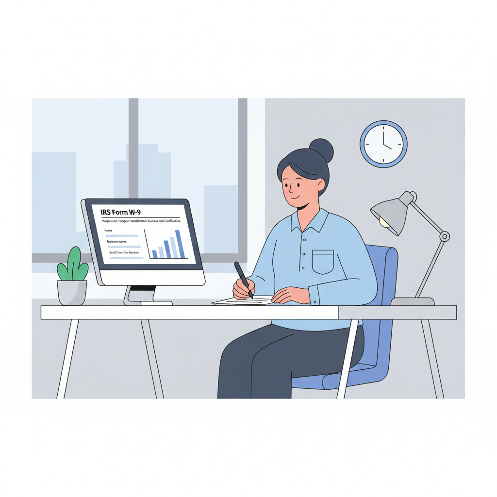 professional at desk completing IRS W-9 tax form, clean office setting, realistic style
