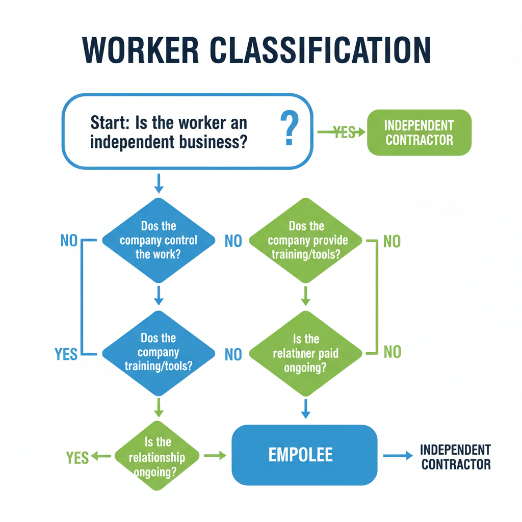 flowchart diagram classifying worker as employee or independent contractor, educational infographic style