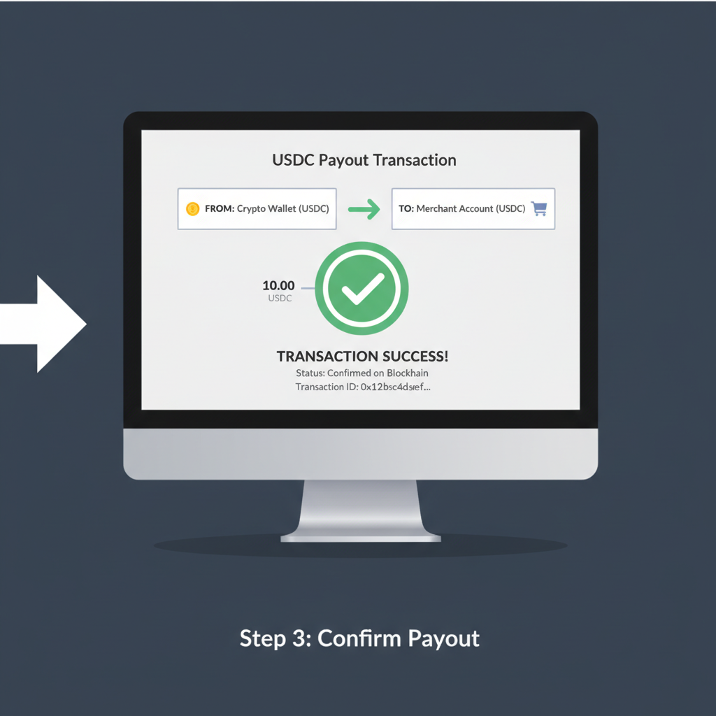 testing small USDC blockchain payout transaction on computer screen, green checkmark success