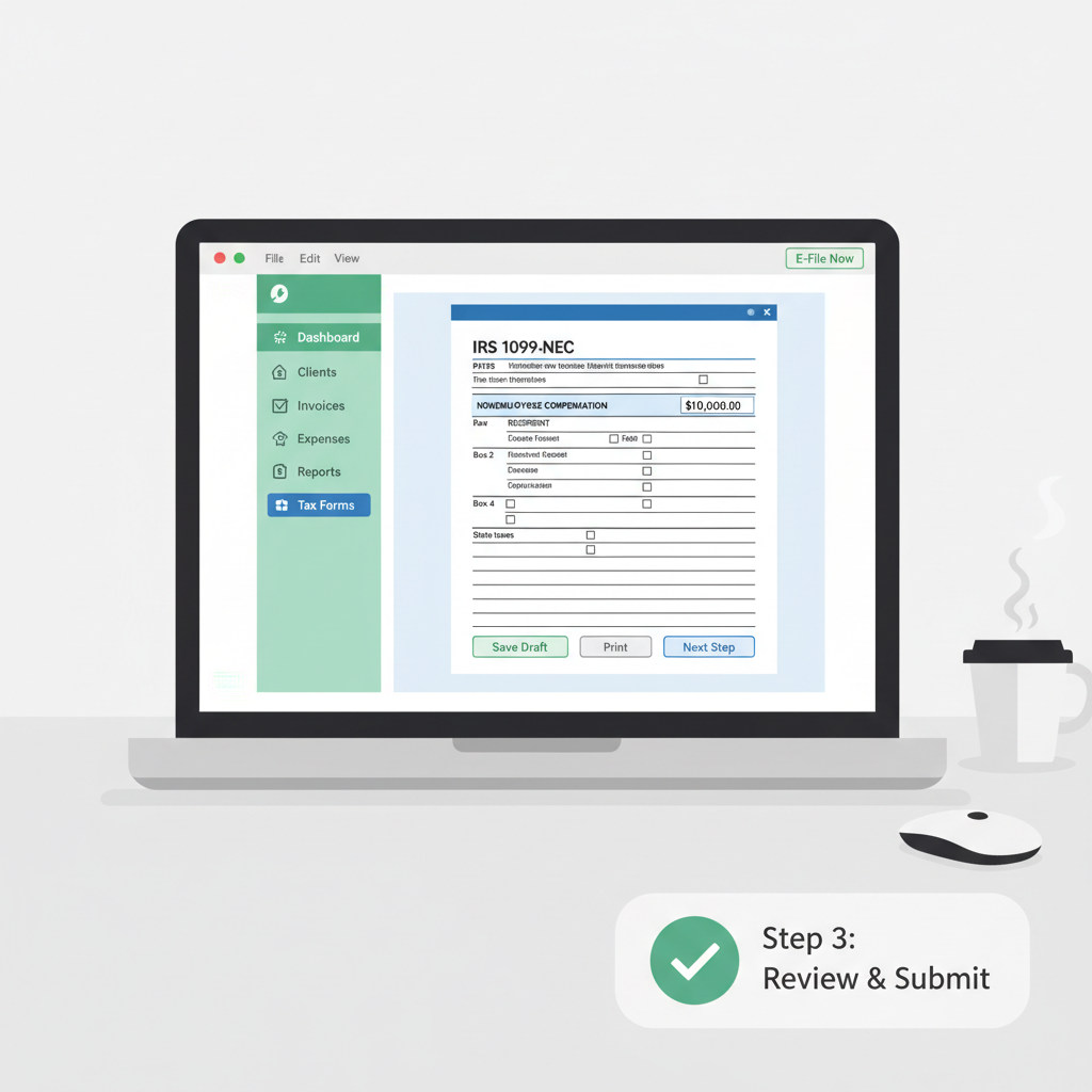 digital generation of IRS 1099-NEC tax form on laptop, professional accounting software interface