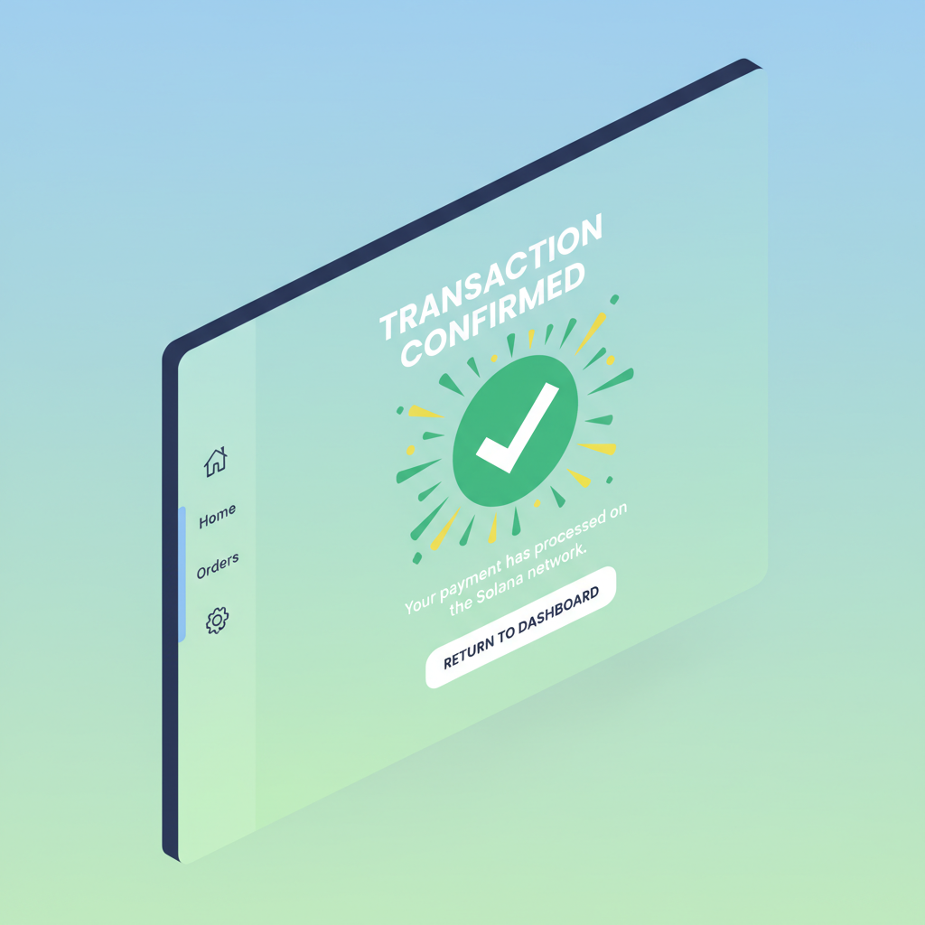 Solana transaction confirmed screen, green checkmark fireworks, merchant dashboard