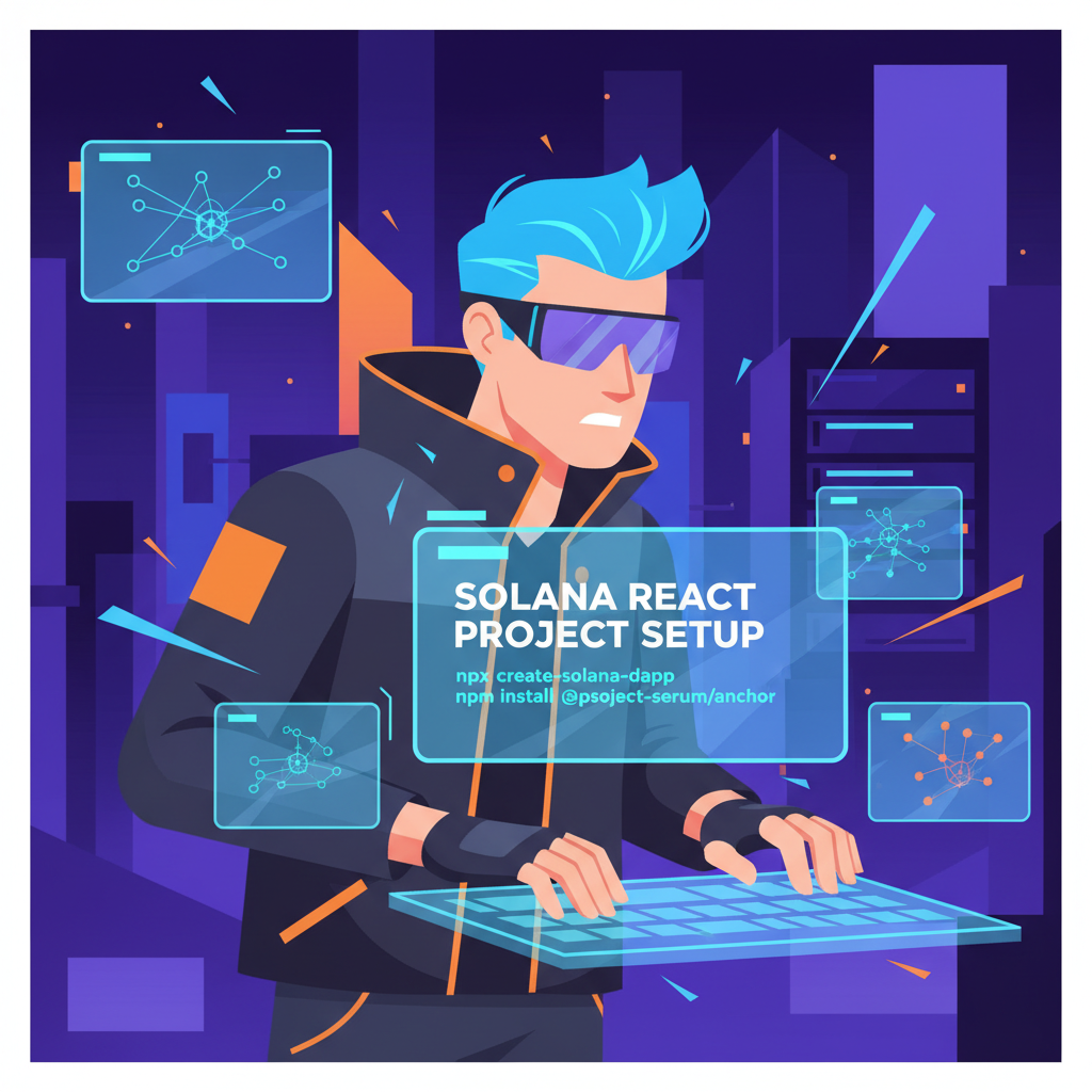 futuristic developer setting up Solana React project, neon code screens, aggressive energy