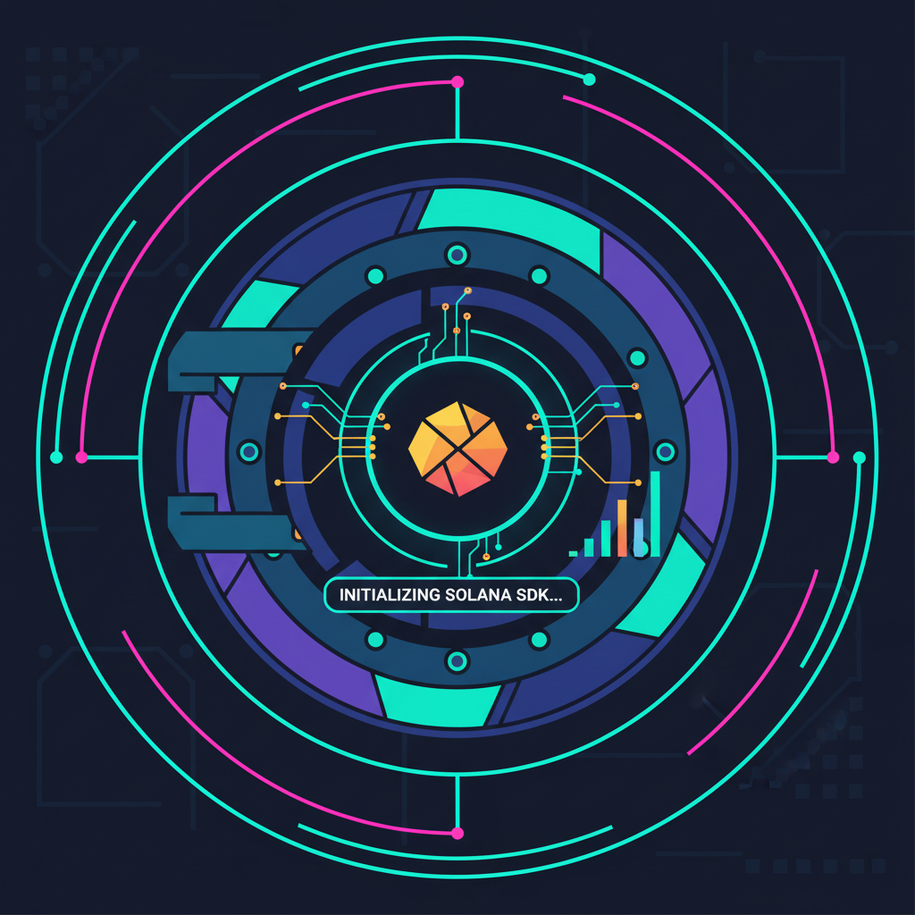 initializing Solana SDK with glowing wallet key, cyberpunk vault unlocking
