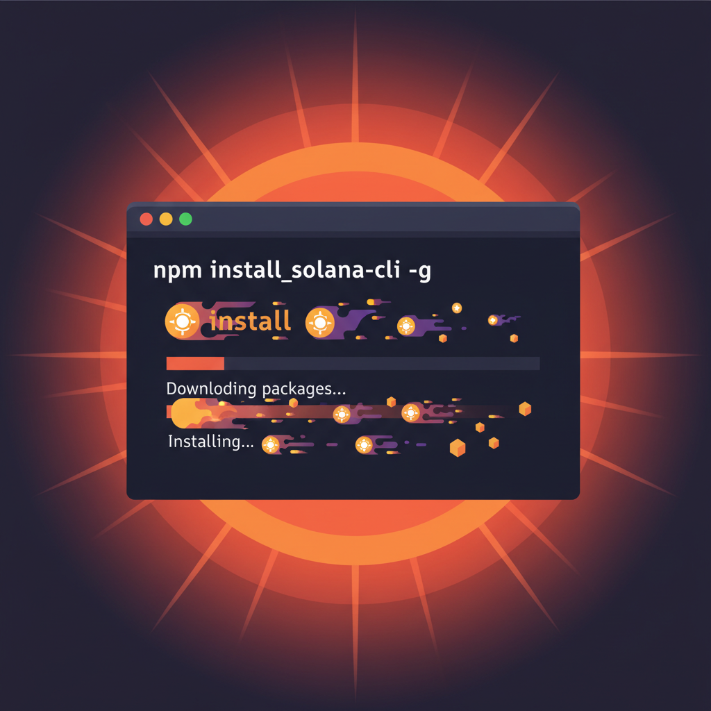 npm install command line exploding with Solana icons, fiery download effects
