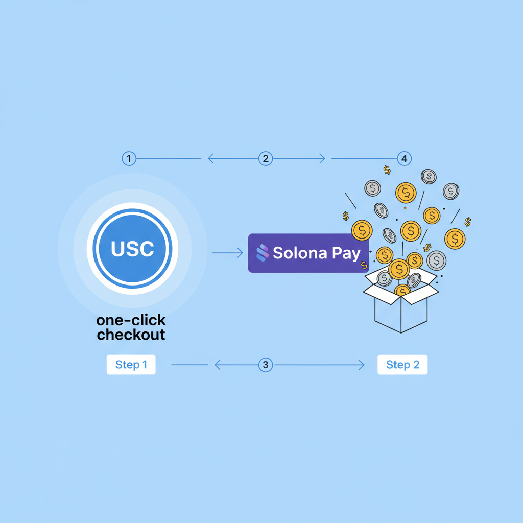 one-click USDC checkout button pulsing, Solana pay flow exploding coins