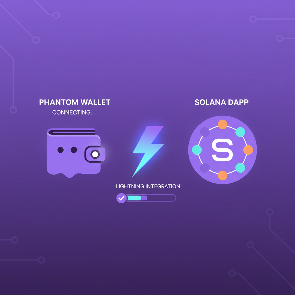 Phantom wallet connecting to Solana dApp, lightning bolt integration, vibrant purple