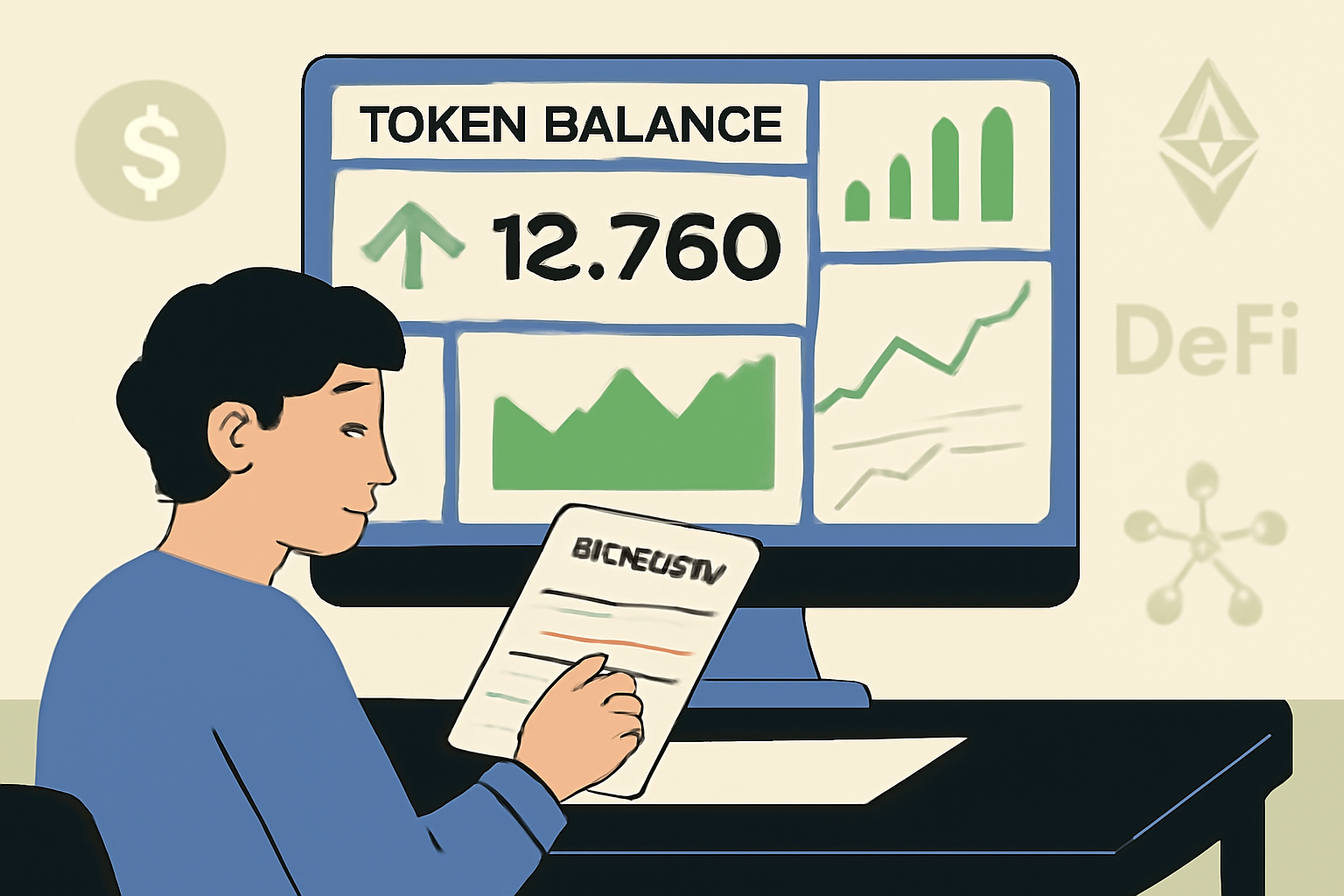 A dashboard showing growing token balances and charts, with a person reviewing strategy notes, DeFi icons in the background, strategic and calm mood.