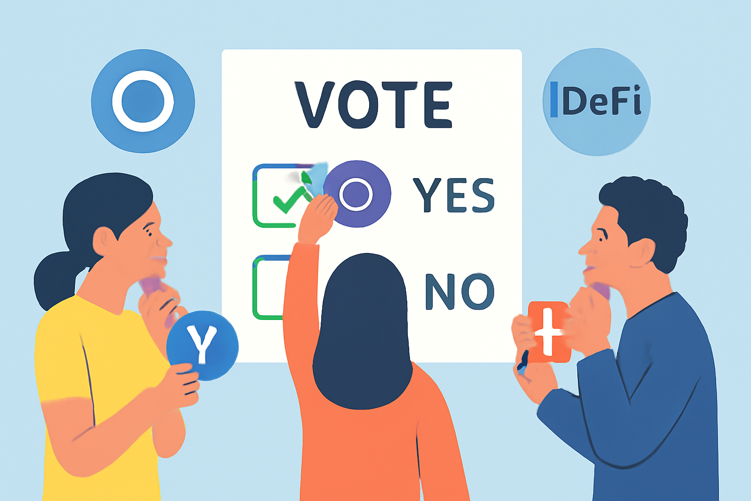 A digital ballot or voting interface with governance tokens as voting chips, people thoughtfully making decisions in a futuristic DeFi setting.