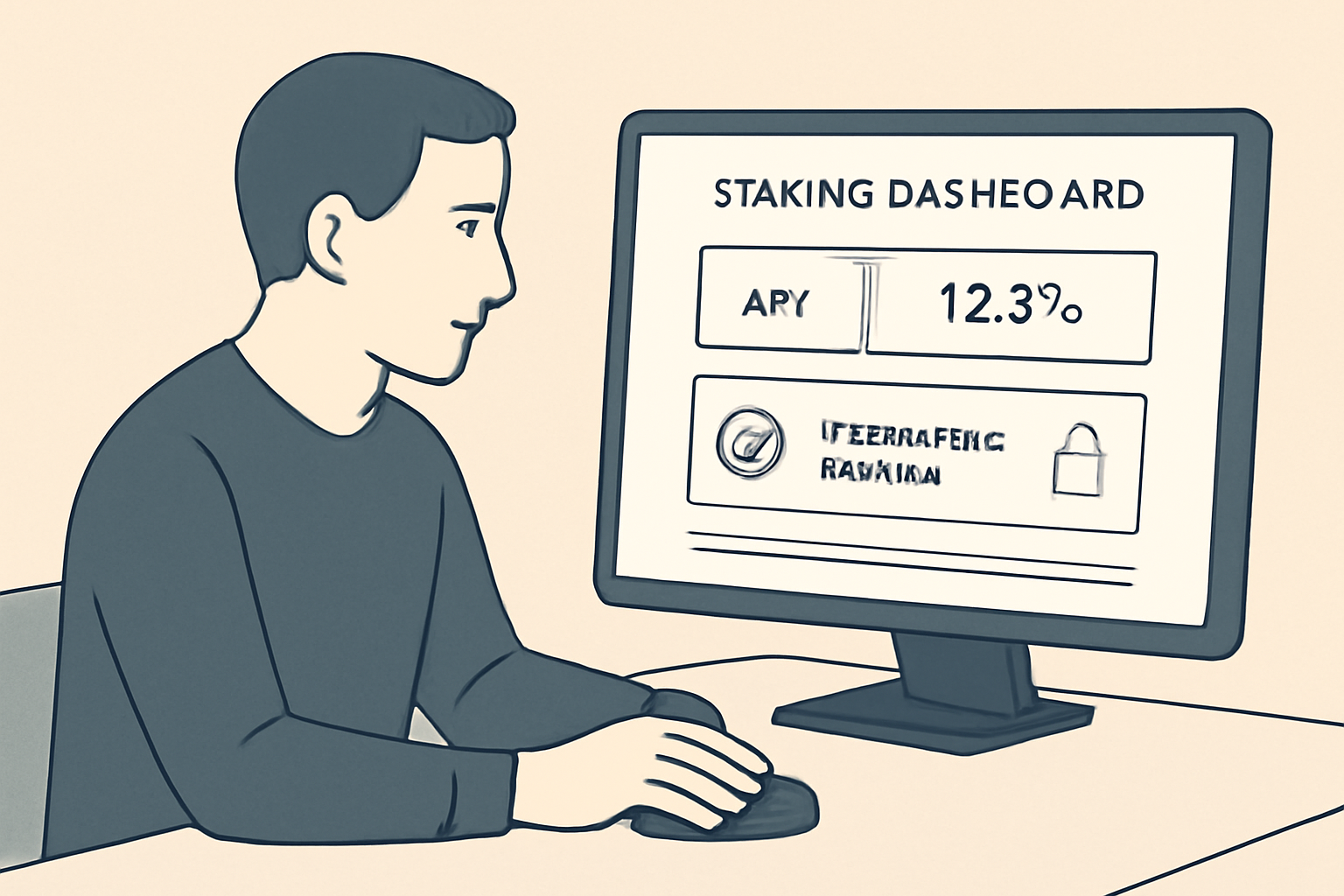 A user interacting with a staking dashboard, showing APY rates and governance tokens being locked, calm and analytical atmosphere.