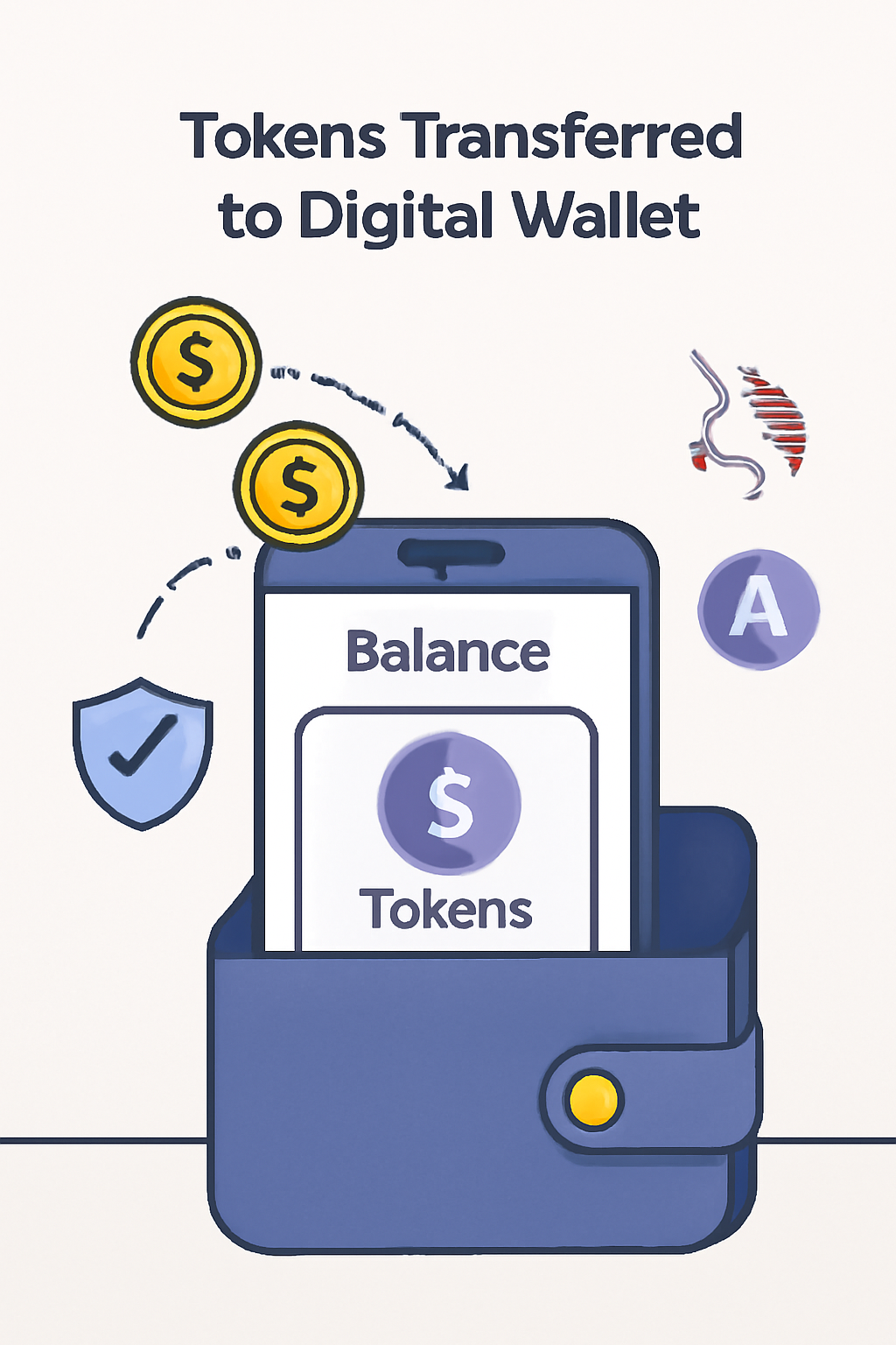 A digital wallet interface with tokens being transferred in, showing security icons and DeFi logos, clear and strategic setting.