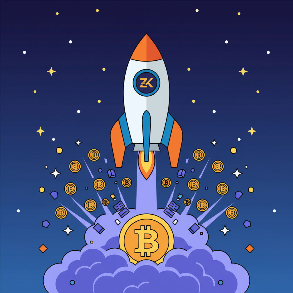 rocket launching Bitcoin mainnet zk rollup explosion stars