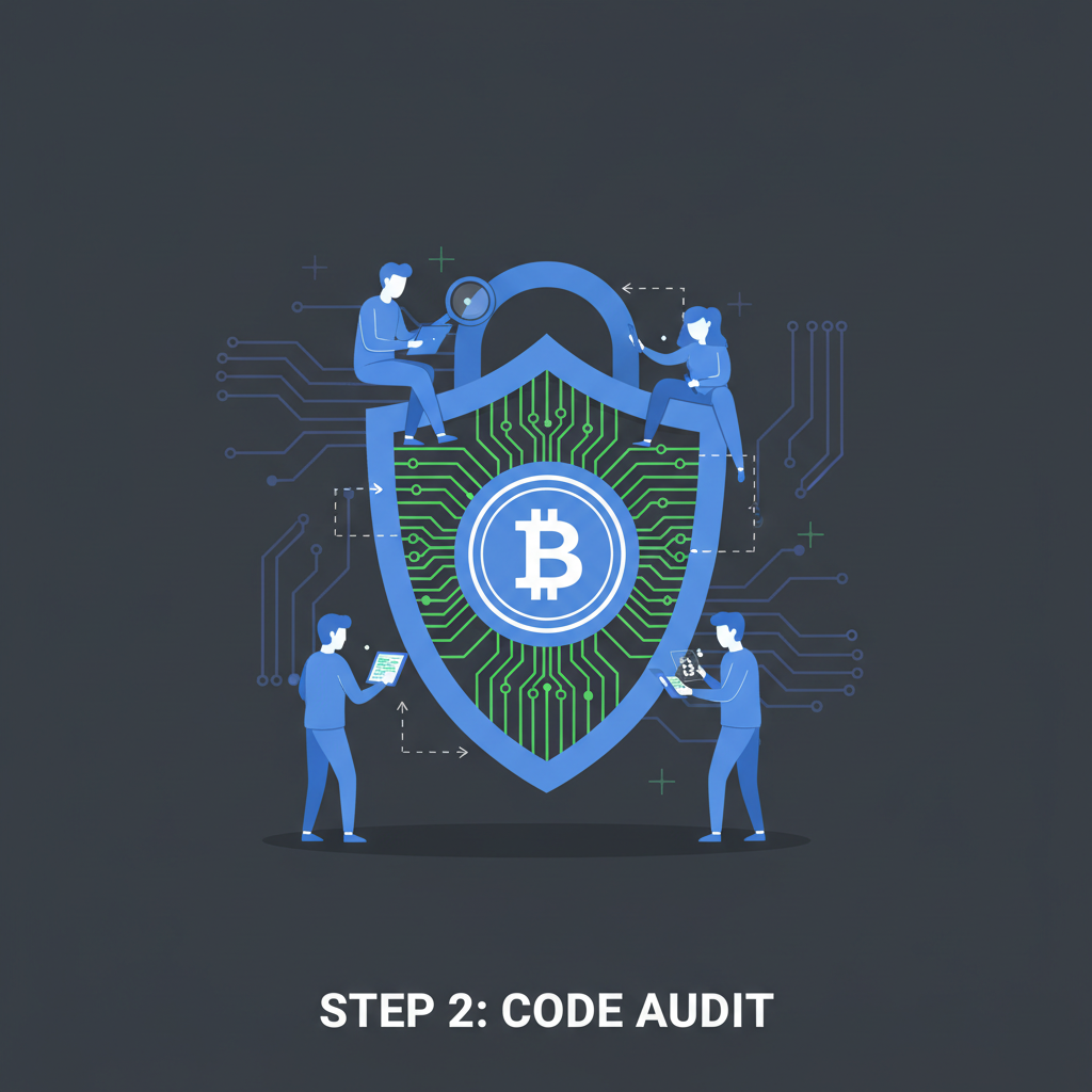 security auditors checking Bitcoin code shield lock icon dark mode