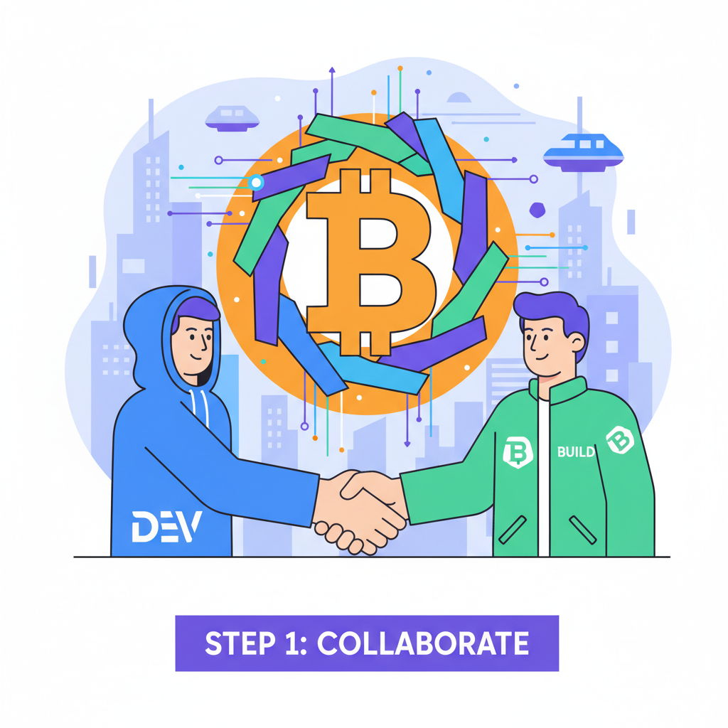 developers partnering handshake Bitcoin zk rollup vibrant futuristic