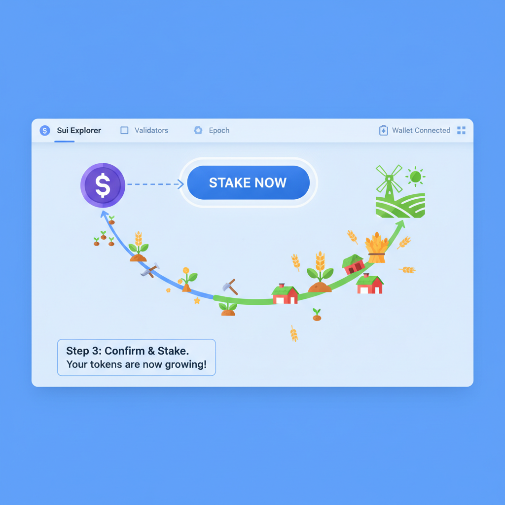Executing stake transaction on Sui explorer, staking animation with growing farm icons
