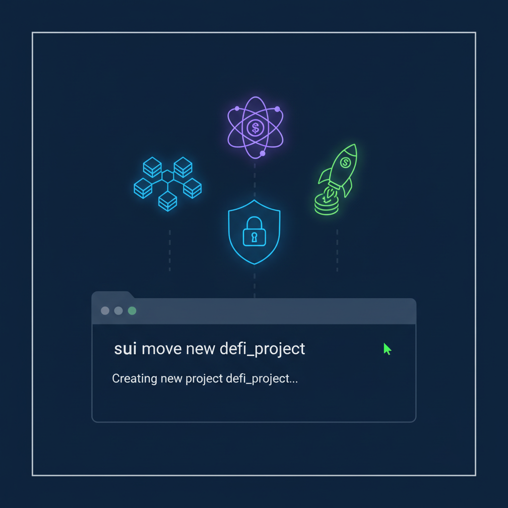command line creating new Sui Move project folder, glowing code icons emerging, sci-fi DeFi theme