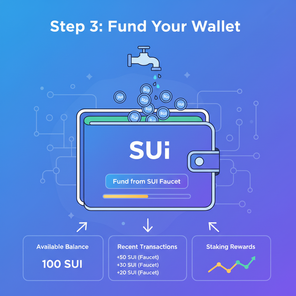 Wallet funding from Sui faucet interface, coins pouring in, vibrant DeFi dashboard