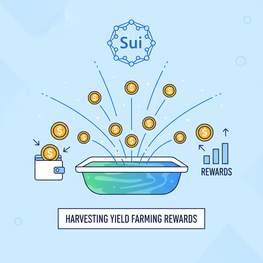 Harvesting yield farming rewards on Sui blockchain, golden coins exploding from farm pool