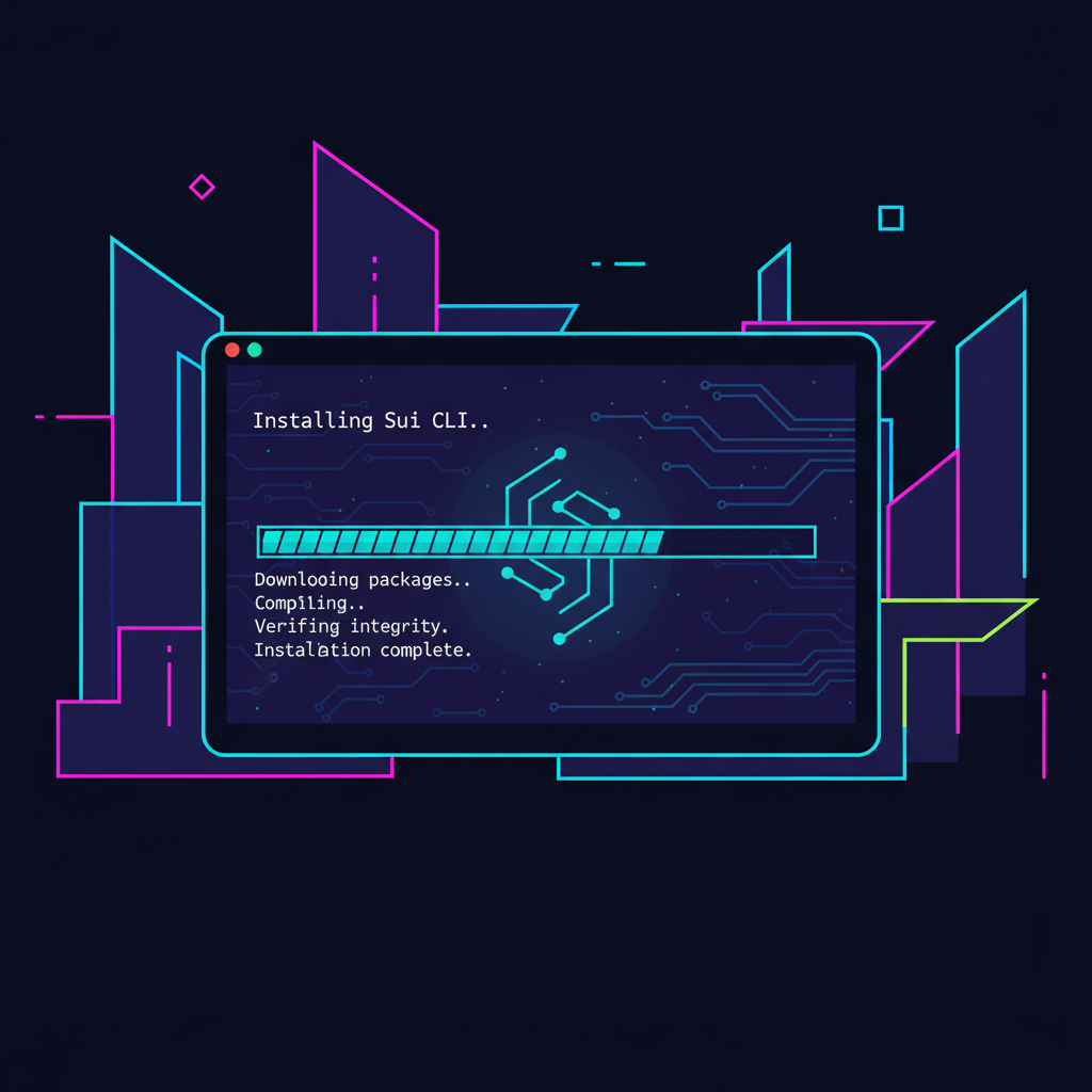 futuristic terminal installing Sui CLI, neon blockchain glow, cyberpunk style