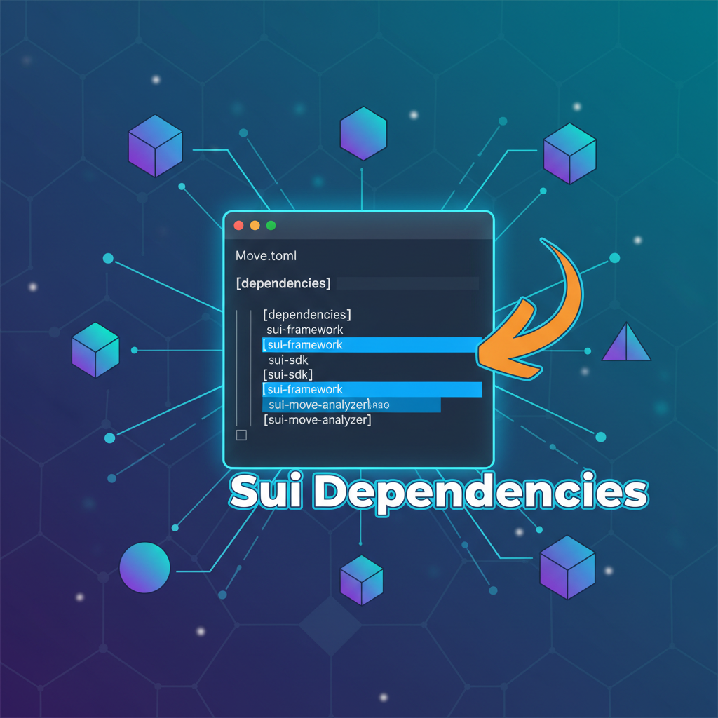 editing Move.toml file with Sui dependencies highlighted, blockchain nodes connecting, vibrant digital art