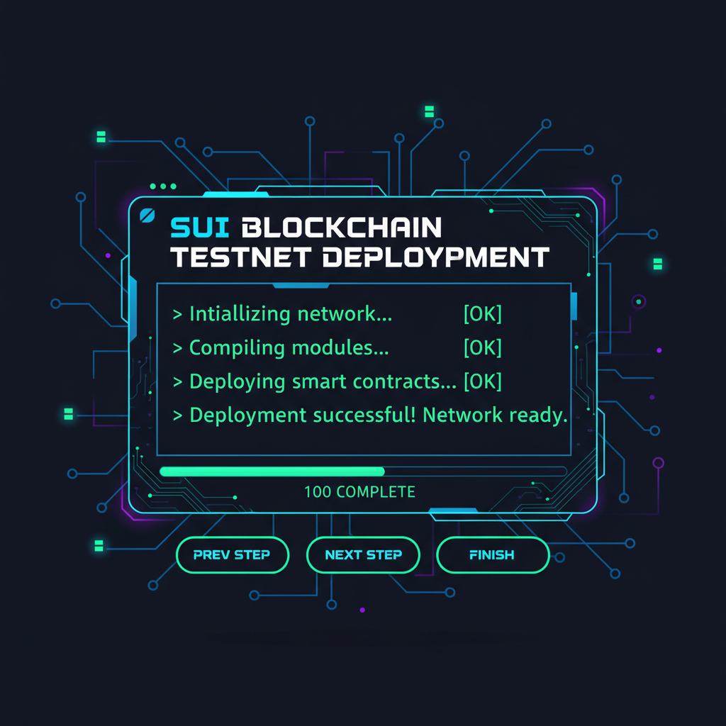 Sui blockchain testnet deployment screen with green success terminal output, futuristic cyberpunk style