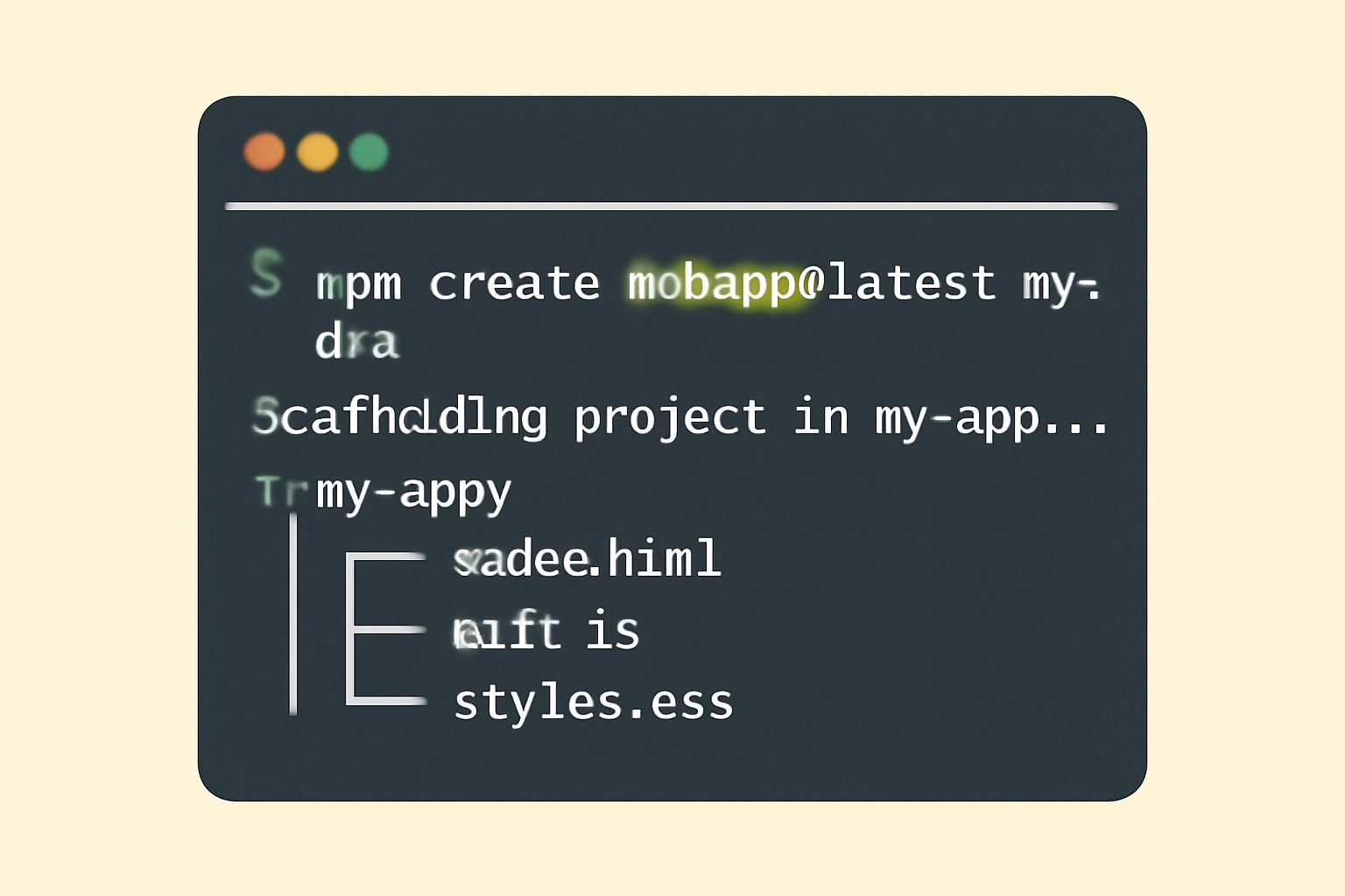 A terminal window running a CLI tool to scaffold a new web app, with a file tree showing index.html, main.js, and styles.css.