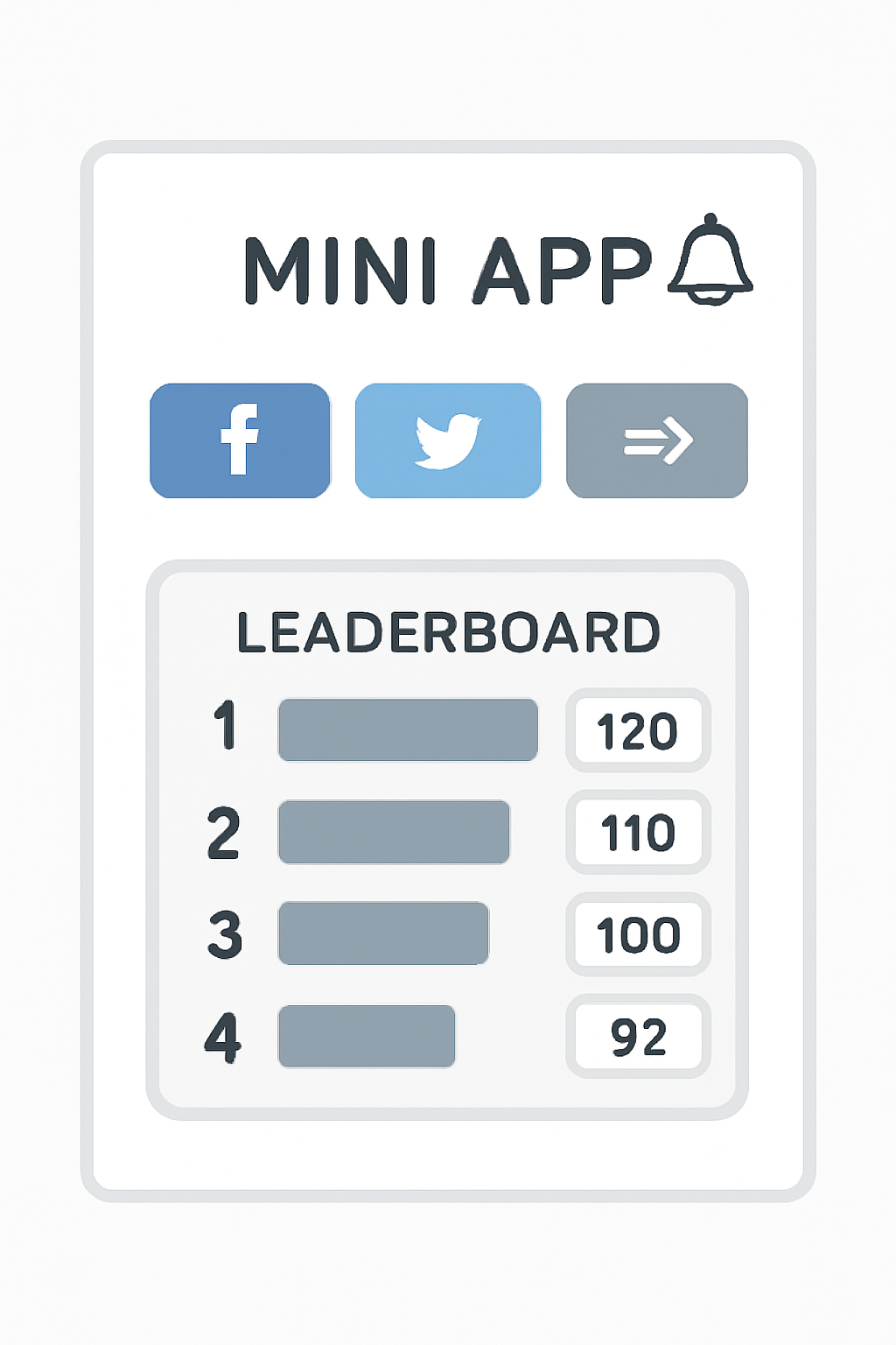 A Mini App interface with social sharing buttons, notification bell, and a leaderboard panel.