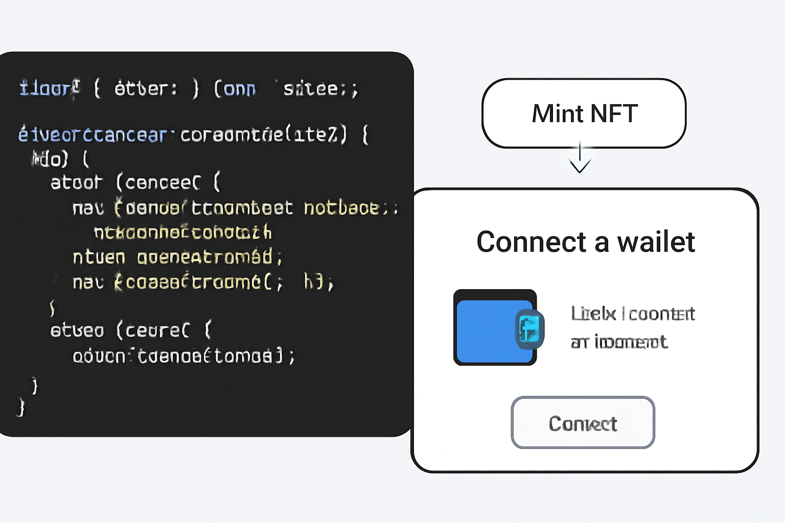 A code snippet integrating ethers.js for wallet connection, with a simulated NFT mint button and wallet pop-up.