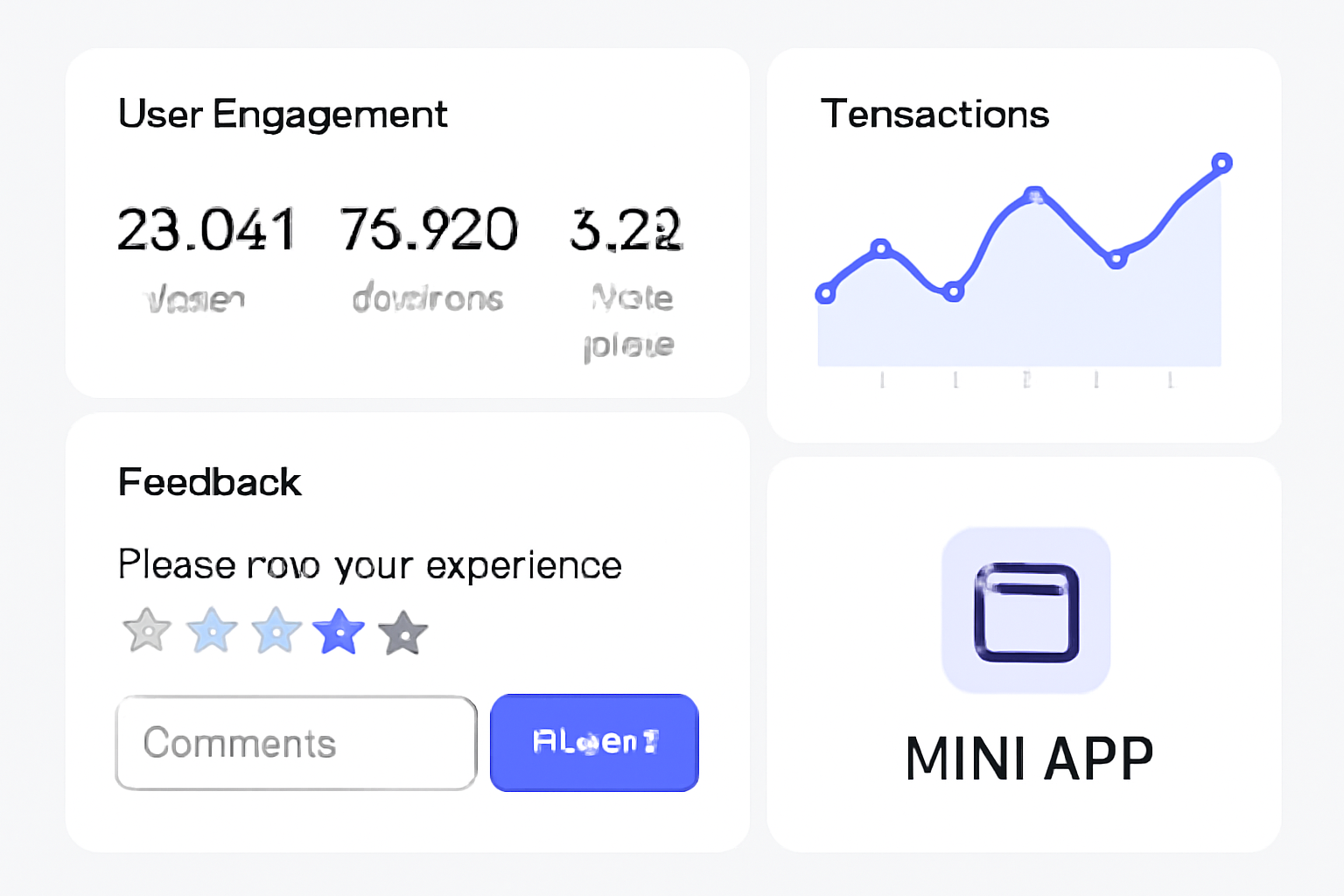 Analytics dashboard displaying user engagement stats, transaction graphs, and feedback forms for a Mini App.