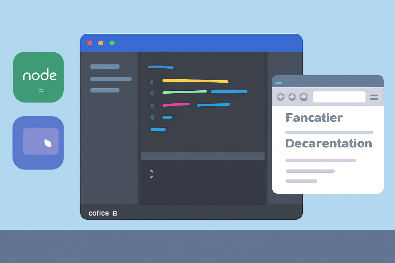 A developer's desktop with VS Code open, Node.js and wallet apps visible, and Farcaster documentation on a browser tab.